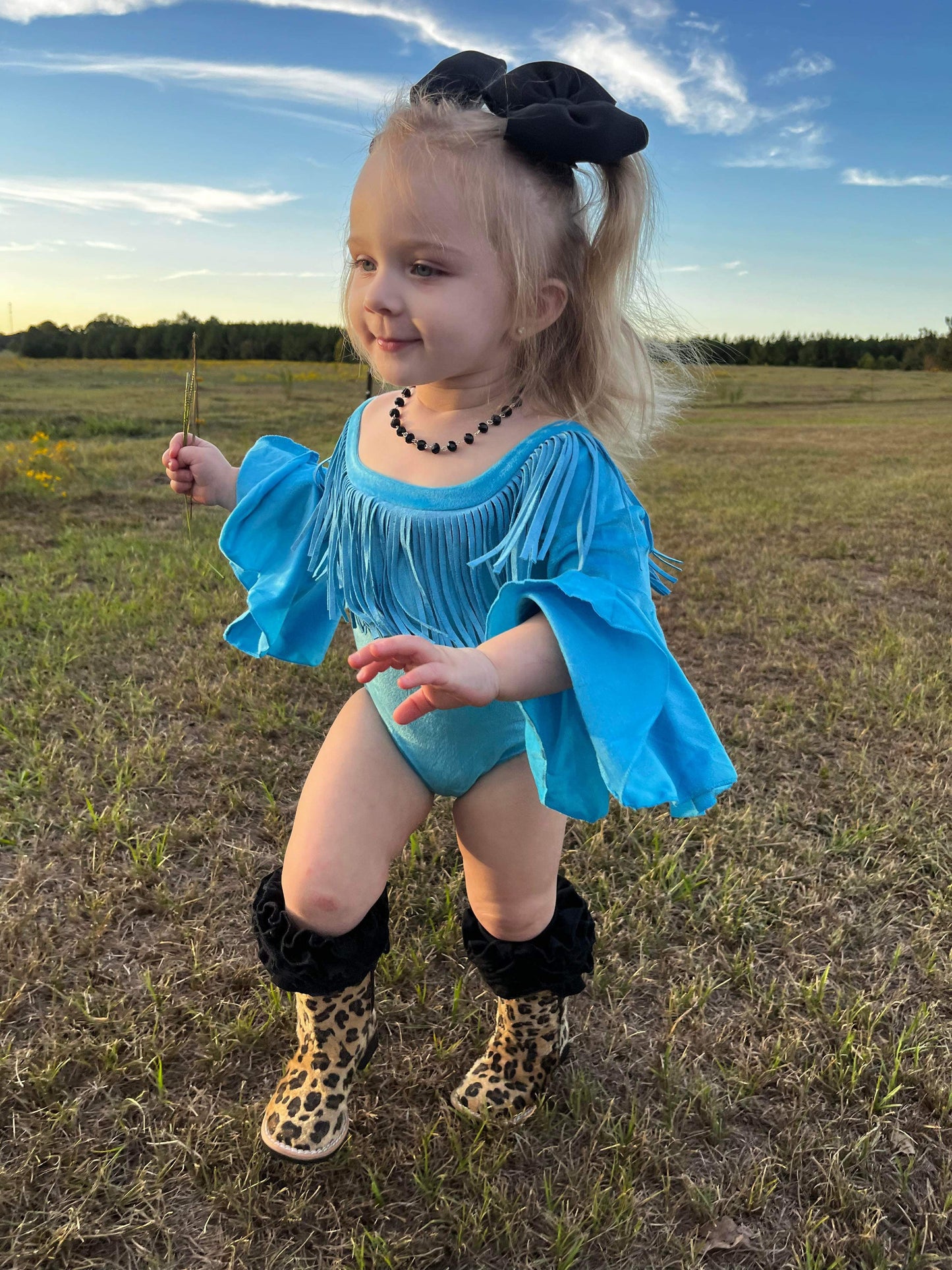 Ocean Blue Fringe Bell Sleeve Leo